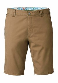 Shorts marron en tissu léger, avec un devant plat, fermeture à bouton et ceinture intérieure à motifs.