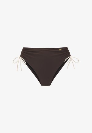Brauner Bikini-Slip mit gerafften Seiten und verstellbaren cremefarbenen Bändern. Hergestellt aus glattem Stoff und mit einem dezenten Logoakzent versehen.