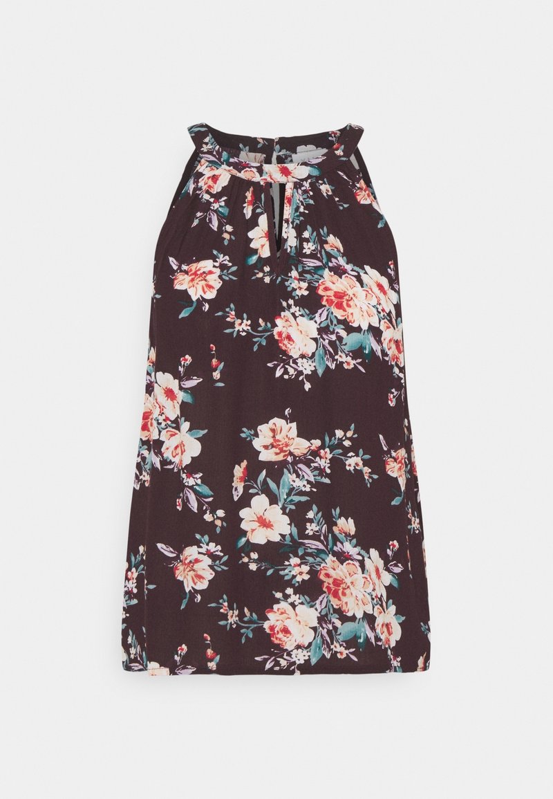 Robe noire sans manches avec motif floral rose, blanc et vert, encolure froncée et découpe en trou devant.