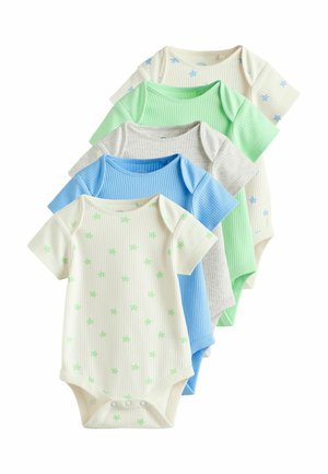 Set aus fünf kurzärmeligen Bodys aus Rippstoff. Farben: Weiß mit grünen Sternen, Grau, Hellblau, Hellgrün. Mit Druckknopfverschluss.