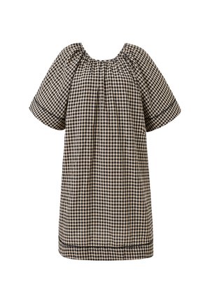 Zwart en beige gingham-gepatenteerde jurk met korte mouwen, gerimpelde halslijn en een losse pasvorm. Soepele textuur en eenvoudige zoomdetails.