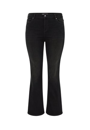 Jeans svasati in denim nero con vita alta, dotati di chiusura con bottone frontale, cinque tasche e leggera scoloritura sulle cosce.