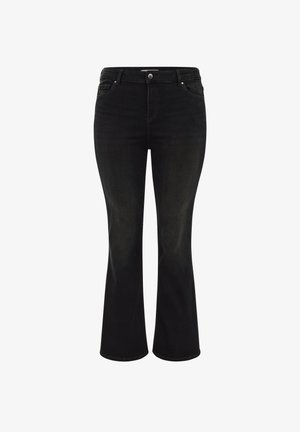 Czarne dżinsy dzwonowate z wysokim stanem, z przodem na guzik, pięcioma kieszeniami i subtelnie wyblakłymi udami.