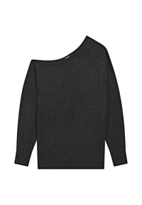 Dunkelgrauer, schulterfreier Pullover aus einem weichen Material. Er hat lange Ärmel und eine lockere Passform mit einem weiten Ausschnitt.