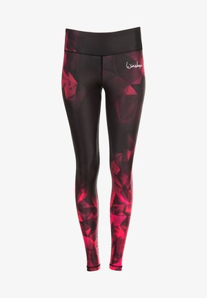 Black and red patterned leggings with a geometric design, made of stretch fabric. Features a high waistband and small logo detail.