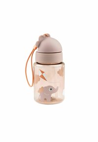 Clear plastic water bottle with a pink silicone lid, featuring an elephant illustration, kite, and clouds. Includes an orange strap.