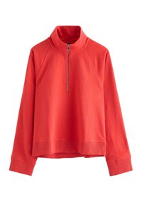 Pullover rosso a maniche lunghe in tessuto morbido. Presenta un colletto alto con cerniera, maniche a raglan e orlo e polsini a coste.