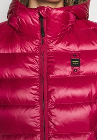 Veste rouge matelassée avec un col montant, présentant des coutures matelassées horizontales, une fermeture éclair à l'avant et une petite étiquette de marque sur le côté gauche.