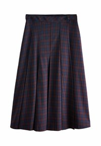 Karirasta krilo v temno modri in bordo barvi, iz teksturirane tkanine, z naborki in enim črnim gumbom v pasu.