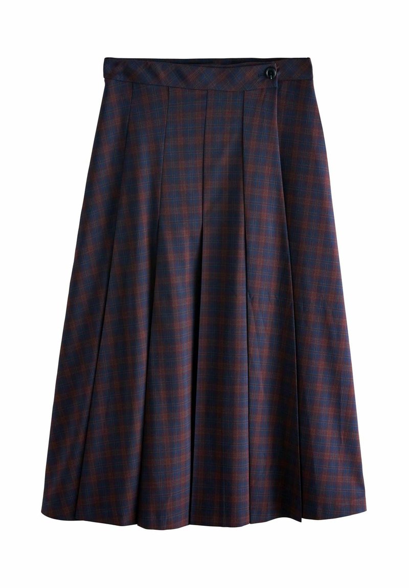 Gonna a quadri in blu scuro e bordeaux, realizzata in tessuto strutturato, con pieghe e un singolo bottone nero in vita.