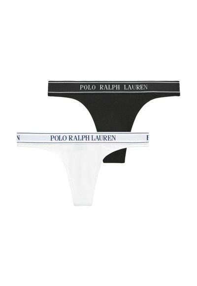 Schwarze und weiße Baumwoll-Strings mit einem elastischen Bund mit dem Logo "POLO RALPH LAUREN" in kontrastierender Schrift. Glatte Textur, minimalistisches Design.