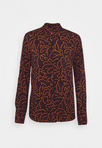 Langærmet skjorte i mørk lilla stof med orange abstrakte linjemønstre, med krave og knaplukning foran.