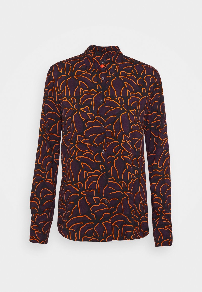 Langærmet skjorte i mørk lilla stof med orange abstrakte linjemønstre, med krave og knaplukning foran.