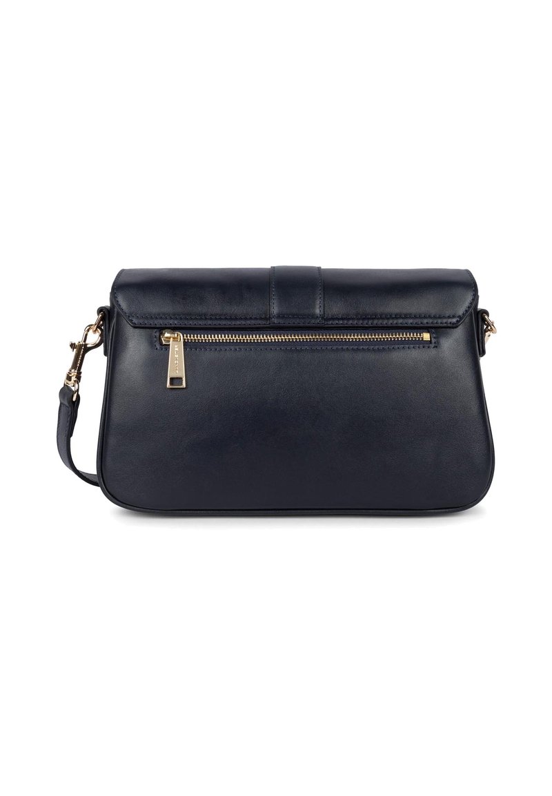 Schwarze Leder-Crossbody-Tasche mit goldfarbenem Reißverschluss und abnehmbarem Tragegurt, rechteckige Form, glatte Oberfläche und Klappenverschluss.