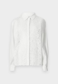Weißes Langarmhemd mit einem Spitzenstoffpanel mit Paisleymuster auf der Vorderseite, klassischem Kragen und Knopfverschluss.