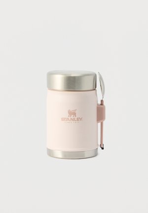 Light pink Stanley insulated food jar with silver lid and base, attached matching spoon on the right side.