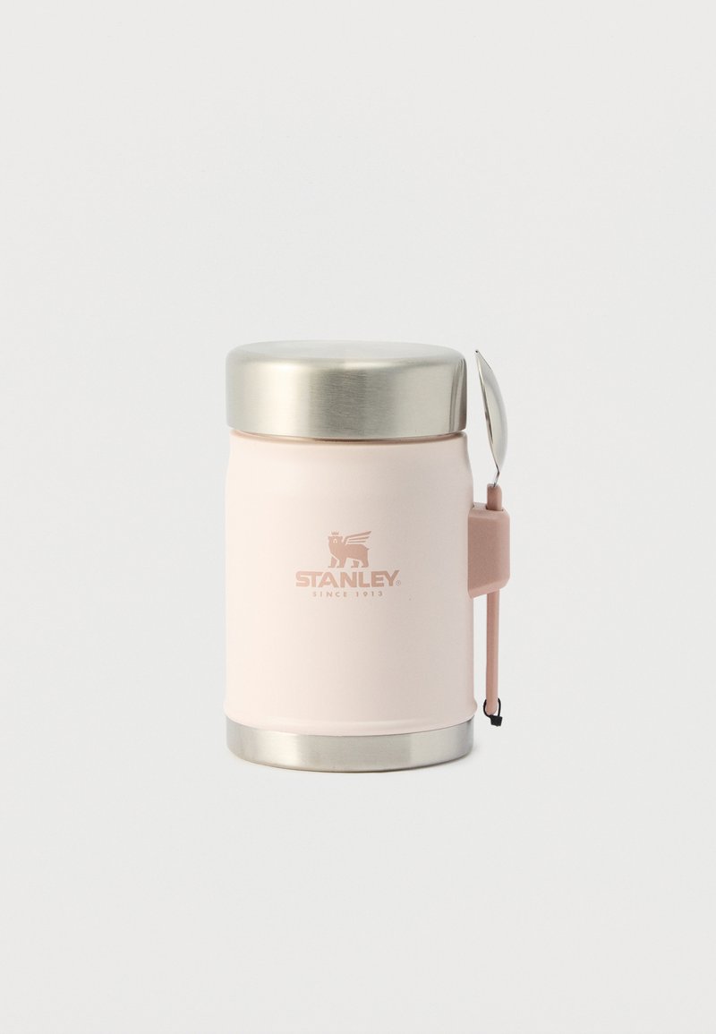 Light pink Stanley insulated food jar with silver lid and base, attached matching spoon on the right side.