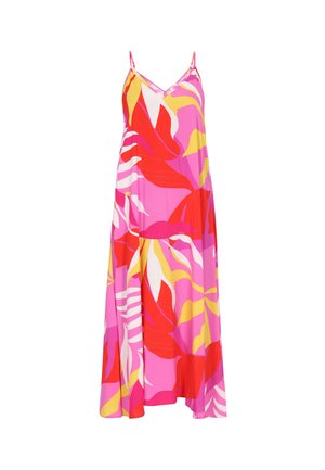 Šaty bez rukávů s květinovým vzorem a velkými červenými, růžovými a žlutými lístky na růžovém pozadí. Vyrobené z lehkého materiálu s splývavým designem.