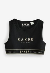 Črna kratka majica brez rokavov iz rebrastega blaga z zlatim logotipom "BAKER by TED BAKER" in pasom vzdolž spodnjega roba. Brez oblazinjenja.