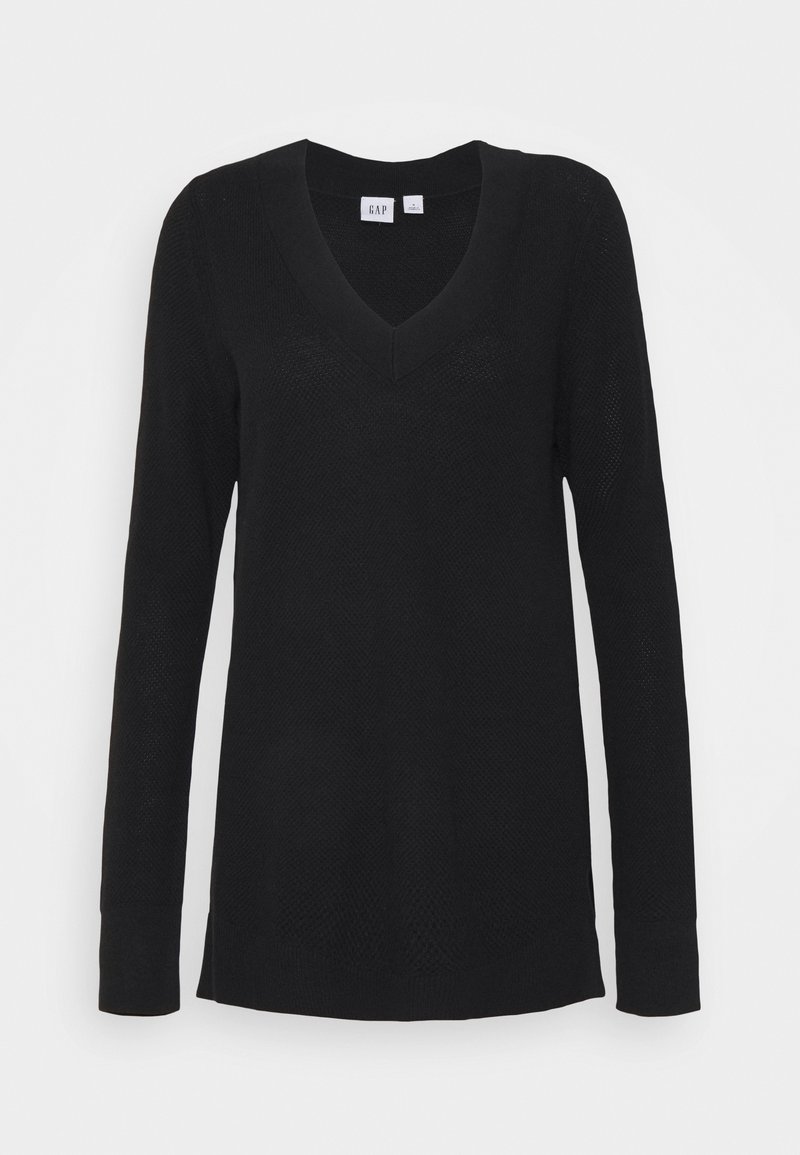 Pull noir à manches longues avec col en V, poignets et ourlet côtelés, texture en maille unie, présenté sur un fond blanc.