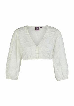Blouse blanche courte avec manches bouffantes 3/4, tissu transparent à motif floral texturé, col en V et boutons en perle à l'avant.