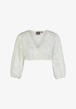 Blouse blanche courte avec manches bouffantes 3/4, tissu transparent à motif floral texturé, col en V et boutons en perle à l'avant.