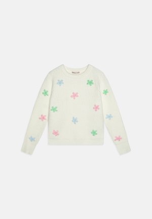 Pull en laine blanc avec texture en côtes, orné d'appliqués de fleurs pastel dans des teintes de rose, vert et bleu, col rond et manches longues.