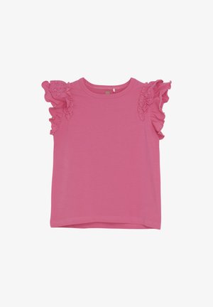 Rosa Kurzarm-T-Shirt mit rundem Halsausschnitt, mit Rüschendetails an den Schultern und einer glatten, weichen Textur.