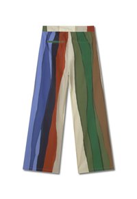 Weite Hosen aus Stoff mit vertikalen Streifen in Blau, Grün, Rot und Beige, mit zwei Gesäßtaschen und einem flachen Bund.