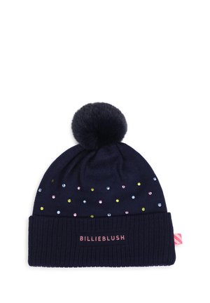 Bonnet en maille bleu marine avec un pompon duveteux, de petites clous multicolores, et "BILLIEBLUSH" brodé sur le revers.
