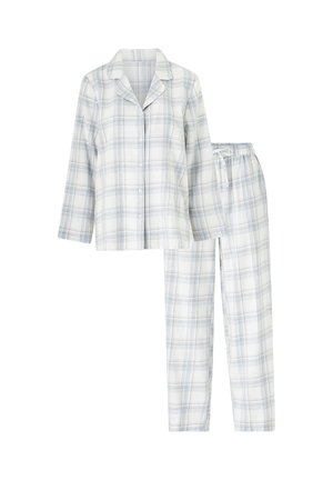 Cotton plaid pajama set featuring a button-up top with a collar and long sleeves, and matching pants with an elastic waistband. Colors: white, light blue.