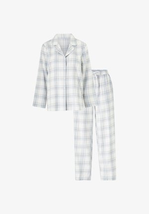 Cotton plaid pajama set featuring a button-up top with a collar and long sleeves, and matching pants with an elastic waistband. Colors: white, light blue.