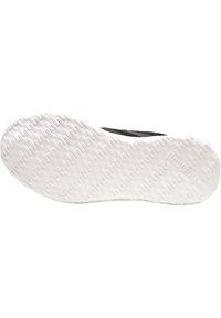 Sola di scarpa sportiva nera con un motivo geometrico testurizzato, caratterizzata da una suola in gomma bianca e con logo impresso sul tallone.