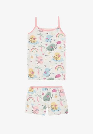 Compleu de pijamale din două piese, realizat din bumbac moale. Include modele colorate cu elefanți, accente roz, top fără mâneci și pantaloni scurți cu talie elastică.