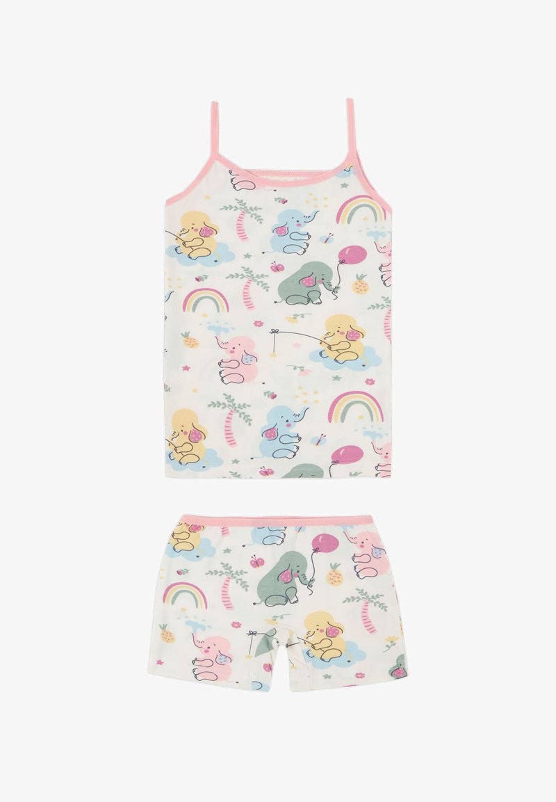 Dva dijela pidžame izrađene od mekanog pamuka. Sadrži šarene uzorke slonova, ružičaste detalje, bezrukavi gornji dio i kratke hlače s elastičnim pojasom.