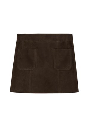 Ruda zomšos mini sijonas su dviem priekiniuose kišenėse ir matomomis siuvimo detalėmis. Lygus paviršius su švariu, paprastu dizainu.