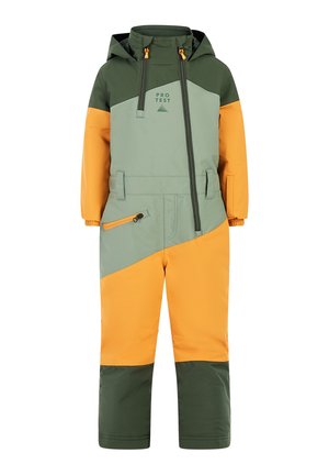 Kinder sneeuwpak in groen, oranje en grijs. Heeft een rits aan de voorkant, een capuchon, diagonale kleurblokken, twee zijzakken en elastische manchetten.