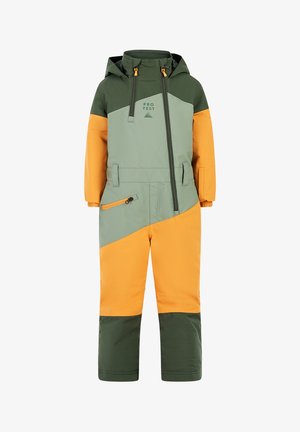 Kinder sneeuwpak in groen, oranje en grijs. Heeft een rits aan de voorkant, een capuchon, diagonale kleurblokken, twee zijzakken en elastische manchetten.