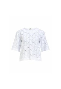 Haut tricoté blanc avec un motif en vagues, doté de manches trois-quarts et d'un col rond. Texture légère et design à mailles ouvertes.
