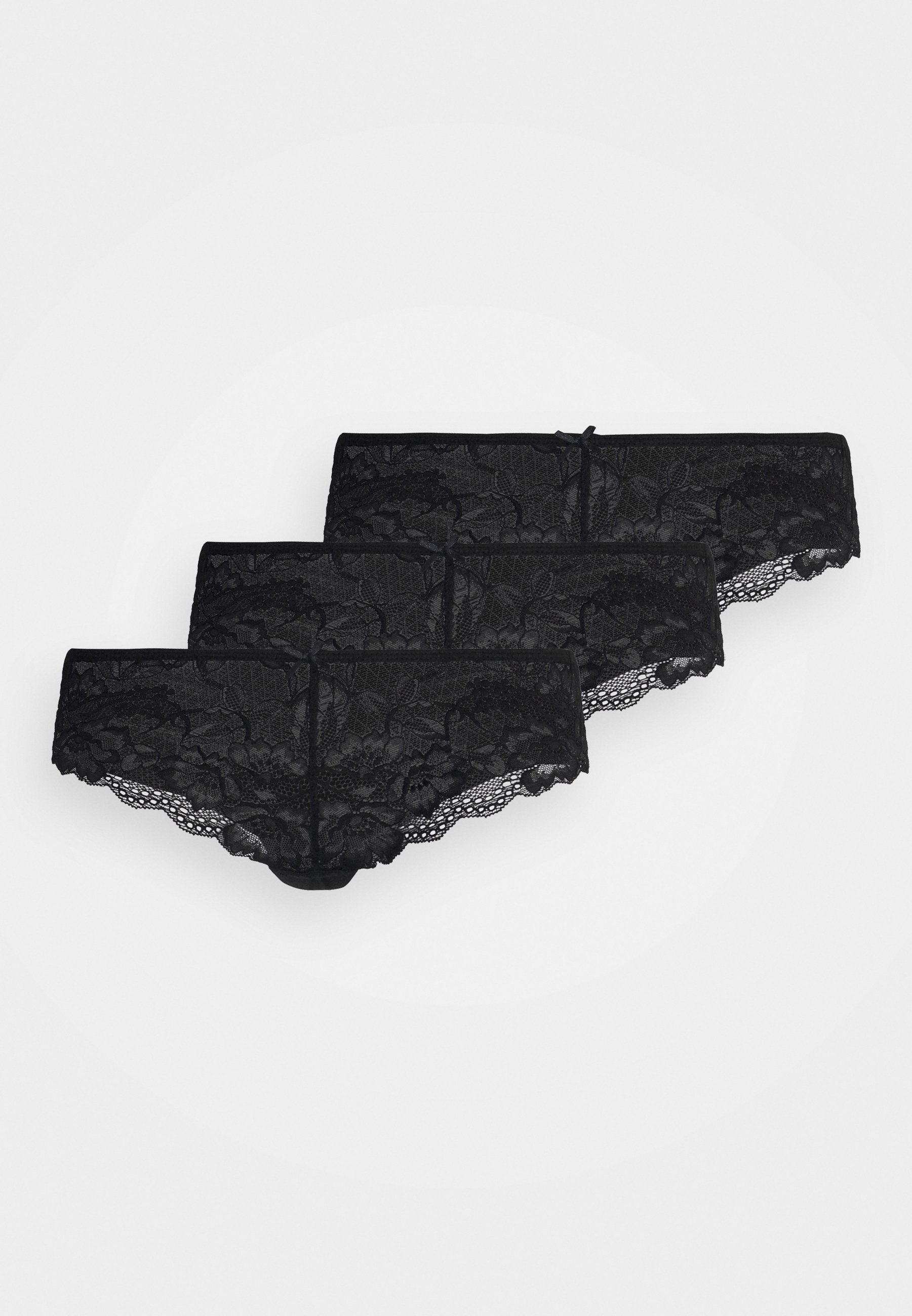 Schwarze Spitzenslips in drei Variationen, mit gewellten Kanten, einem floralen Muster und einer kleinen Schleifenakzent an der Vorderseite jedes Stücks.