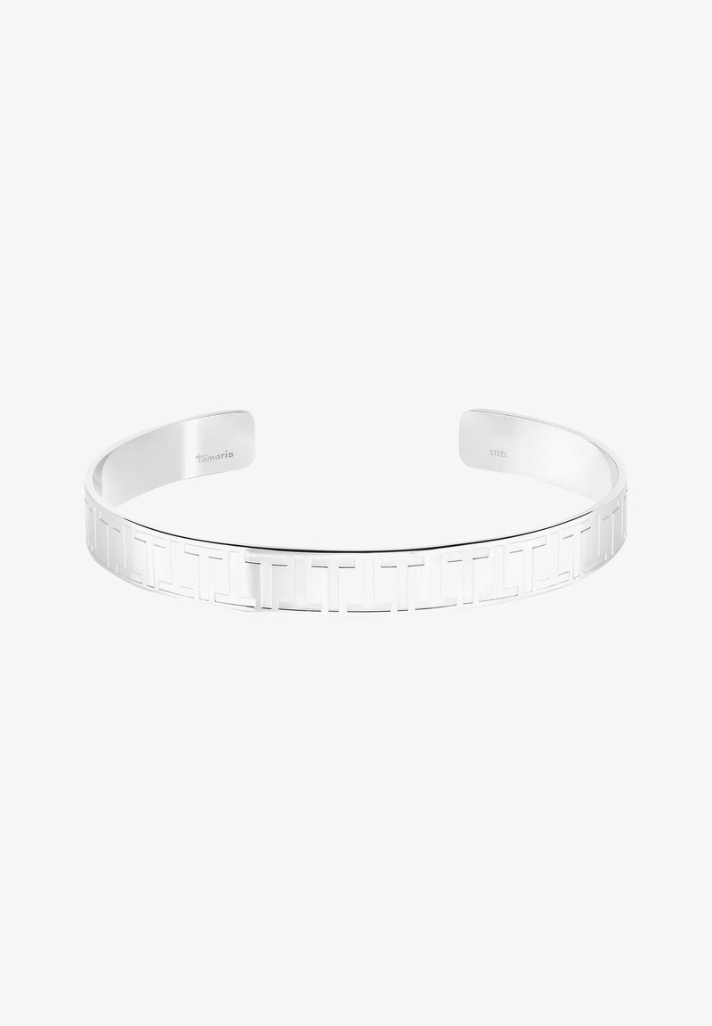 Bracelet manchette ouvert en argent avec motif géométrique découpé et finition lisse polie, gravé de "Tamaris" et "Steel" à l'intérieur.