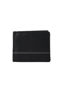 Czarny portfel ze skóry o gładkiej fakturze, prostokątnym kształcie i szarym paskiem jako detalem; z przodu znajduje się wytłoczone logo.