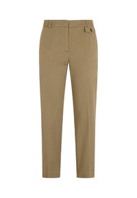 Pantaloni tailored color khaki con design aderente, dotati di chiusura frontale con bottone, tasche oblique e una tasca posteriore. Tessuto dalla trama liscia.