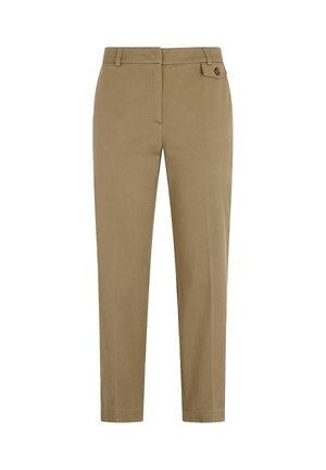 Pantaloni tailored color khaki con design aderente, dotati di chiusura frontale con bottone, tasche oblique e una tasca posteriore. Tessuto dalla trama liscia.