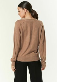 Pull en maille marron avec un col et des poignets côtelés, des détails de couture au dos et une coupe décontractée, porté avec un pantalon noir à jambes larges.