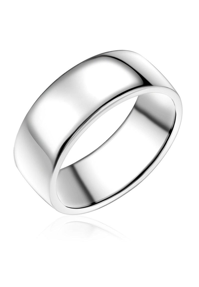 Srebrn prstan z gladkim, zaobljenim dizajnom in rahlo poševnimi robovi. Ima odsevno površino in čiste linije.