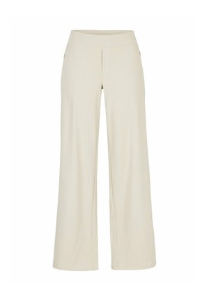 Roomy, crème-kleurige wijde broek met een hoge tailleband, zonder zichtbare zakken of versieringen, afgebeeld op een witte achtergrond.