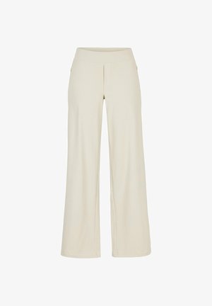 Wide-leg cream-colored pants with a high waistband, no visible pockets or embellishments, displayed on a white background.