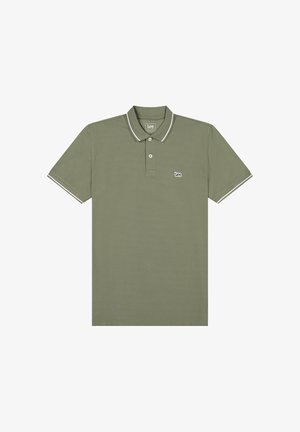 Oliwkowo-zielona koszulka polo z białym wykończeniem na kołnierzyku i rękawach, dwoma guzikami oraz małym logo Lee na lewej piersi.