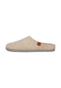 Beige filttoffel med en slät grå sula; rund tå, öppen bak och en liten brun etikett på sidan för varumärkning.
